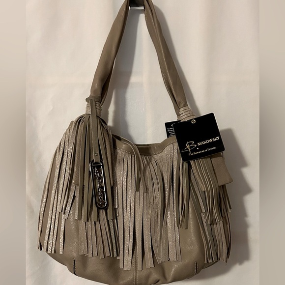 b. makowsky Handbags - B.MAKOWSKI VINTAGE LEATHER TAUPE HANDBAG,ANIMAL PRINT LINING,SUEDE TASSELS, NWT